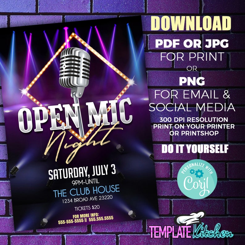 May include: Purple and black flyer with a microphone in the center. The text reads "Open Mic Night" with the date and time of the event. The flyer also includes the location, ticket price, and contact information. The flyer is designed with a spotlight effect.