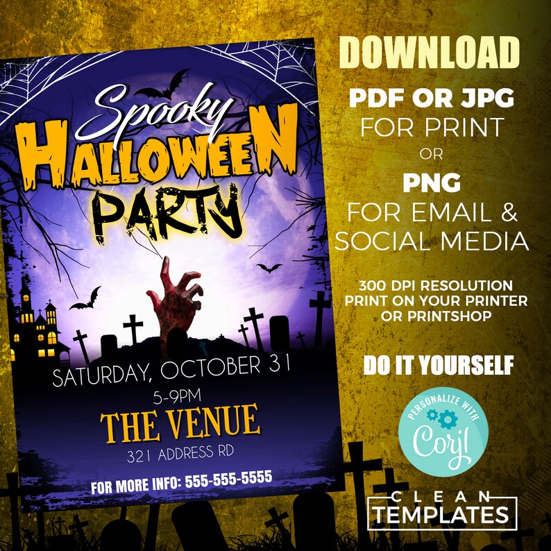 May include: Purple and yellow Halloween party invitation with a spooky zombie hand reaching out of a graveyard. The invitation includes the text "Spooky Halloween Party", "Saturday, October 31", "5-9pm", "The Venue", "321 Address Rd", "For More Info: 555-555-5555", and "Download PDF or JPG for Print or PNG for Email & Social Media".