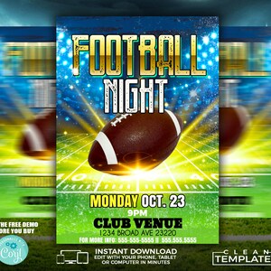 K&ouml;nnte beinhalten: Ein Flyer f&uuml;r eine "Football Night" Veranstaltung im Club Venue am Montag, den 23. Oktober um 21 Uhr. Der Flyer zeigt einen braunen und wei&szlig;en Football auf einem gr&uuml;nen und blauen Feld mit einem sternenklaren Hintergrund. Der Text "Football Night" ist in goldenen Buchstaben mit einem glitzernden Effekt. Der Flyer enth&auml;lt auch die Adresse und Telefonnummer des Club Venue.