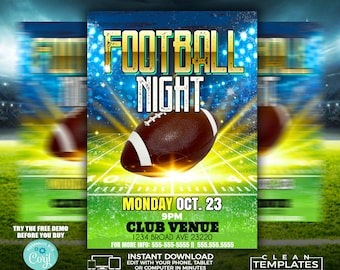 May include: A football-themed flyer for a "Football Night" event at Club Venue on Monday, October 23rd at 9pm. The flyer features a brown and white football on a green and blue field with a starry background. The text "Football Night" is in gold letters with a glittery effect. The flyer also includes the address and phone number for Club Venue.