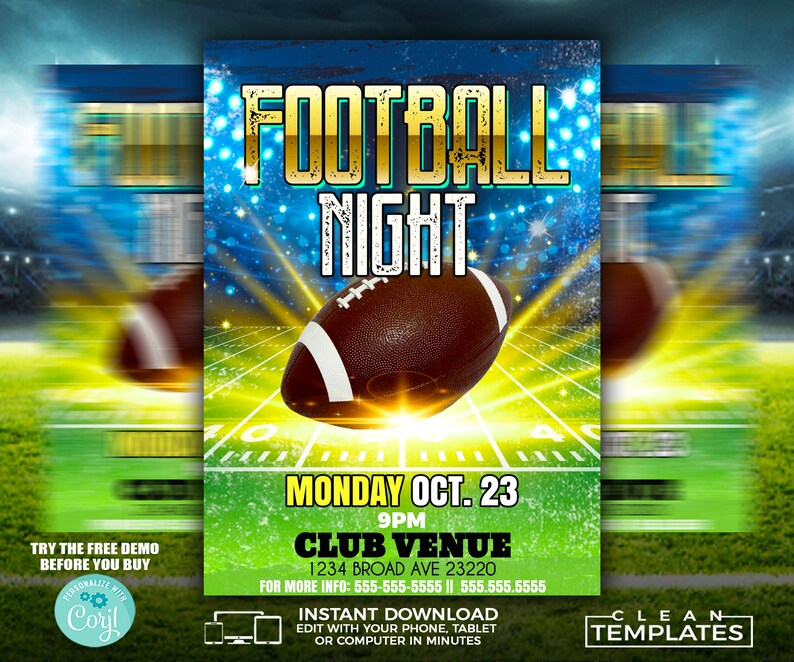 K&ouml;nnte beinhalten: Ein Flyer f&uuml;r eine "Football Night" Veranstaltung im Club Venue am Montag, den 23. Oktober um 21 Uhr. Der Flyer zeigt einen braunen und wei&szlig;en Football auf einem gr&uuml;nen und blauen Feld mit einem sternenklaren Hintergrund. Der Text "Football Night" ist in goldenen Buchstaben mit einem glitzernden Effekt. Der Flyer enth&auml;lt auch die Adresse und Telefonnummer des Club Venue.