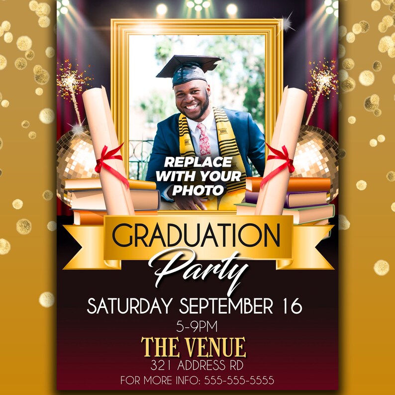 Op de afbeelding: Een uitnodiging voor een afstudeerfeest met een gouden kader voor een foto. Het ontwerp bevat een banner met "Graduation Party", datum, tijd en locatie details. Vuurwerk, boeken en een discobal voegen feestelijke accenten toe.