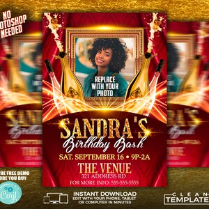 May include: A red and gold birthday party invitation with a photo placeholder. The text reads "Sandra's Birthday Bash" with the date and time "Sat. September 16, 9P-2A". The venue is listed as "The Venue" with an address and phone number. The invitation features a sparkling champagne bottle design.