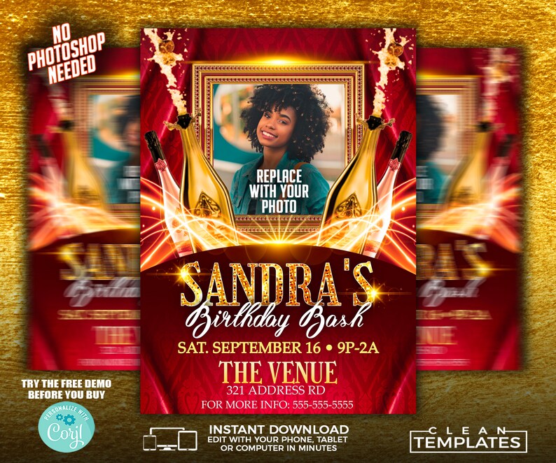 May include: A red and gold birthday party invitation with a photo placeholder. The text reads "Sandra's Birthday Bash" with the date and time "Sat. September 16, 9P-2A". The venue is listed as "The Venue" with an address and phone number. The invitation features a sparkling champagne bottle design.