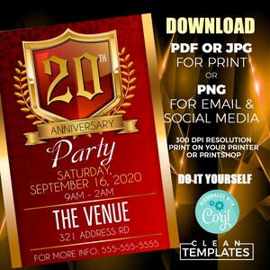 Pu&ograve; includere: Un invito stampabile rosso e oro per una festa di 20&deg; anniversario. L'invito presenta uno scudo dorato con il numero 20 e le parole "Anniversary Party" in lettere dorate. L'invito include anche la data, l'ora e la posizione della festa. Il testo "Scarica PDF o JPG per la stampa o PNG per e-mail e social media" &egrave; in testo bianco su sfondo dorato.