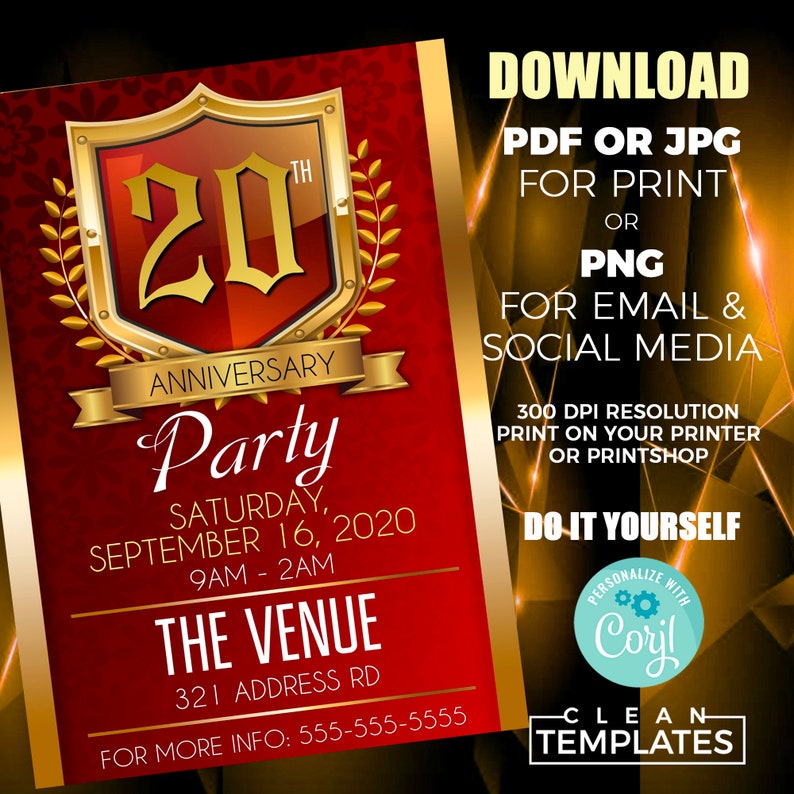 Pu&ograve; includere: Un invito stampabile rosso e oro per una festa di 20&deg; anniversario. L'invito presenta uno scudo dorato con il numero 20 e le parole "Anniversary Party" in lettere dorate. L'invito include anche la data, l'ora e la posizione della festa. Il testo "Scarica PDF o JPG per la stampa o PNG per e-mail e social media" &egrave; in testo bianco su sfondo dorato.