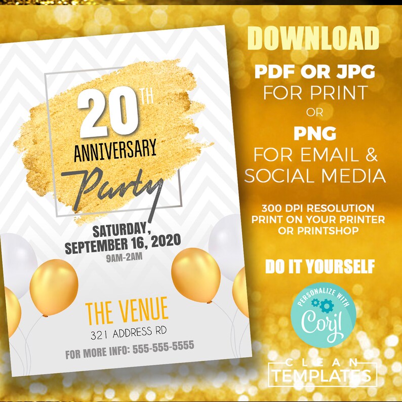 May include: A printable invitation for a 20th anniversary party. The invitation features a gold and white chevron pattern, gold balloons, and the text "20th Anniversary Party". The party is scheduled for Saturday, September 16, 2020, from 9 AM to 2 AM. The venue is located at 321 Address Rd. The invitation also includes the text "Download PDF or JPG for Print or PNG for Email & Social Media".