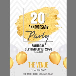 May include: A gold and white invitation for a 20th anniversary party. The invitation features a gold paint splatter with the text "20th Anniversary Party" and the date "Saturday, September 16, 2020". The invitation also includes the time "9AM-2AM" and the venue "THE VENUE, 321 ADDRESS RD".