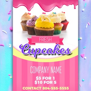 Puede incluir: Un cartel rosa y amarillo que anuncia cupcakes frescos. El cartel presenta una foto de seis cupcakes con glaseado de colores y un fondo a rayas rosa y blanco. El texto del cartel dice "FRESH Cupcakes", "COMPANY NAME", "$3 POR 1", "$10 POR 5", y "CONTACTO 804-555-5555".