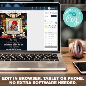 May include: A laptop displays a customizable birthday party invitation template. The design features a photo frame, champagne bottles, luxury cars, and city skyline. Text includes "Kevin's Birthday Bash" and event details. The invitation is editable in a browser, tablet, or phone.