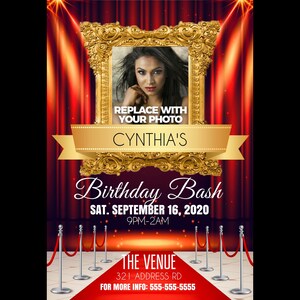 May include: A red and gold birthday party invitation with a photo frame, red curtains, and a red carpet. The text reads "REPLACE WITH YOUR PHOTO", "CYNTHIA'S Birthday Bash", "SAT. SEPTEMBER 16, 2020", "9PM-2AM", "THE VENUE", "321 ADDRESS RD", and "FOR MORE INFO: 555-555-5555".