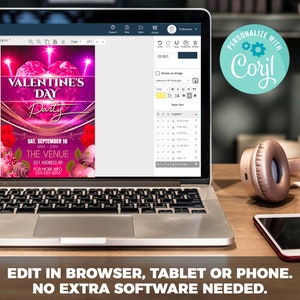 May include: A computer screen displaying a Valentine's Day party invitation with a pink heart design. The invitation includes the date, time, and location of the party. The text "PERSONALIZE WITH CORYL" is displayed in a blue circle with a gear icon.