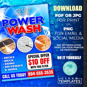 May include: A blue and white flyer promoting power washing services. The flyer includes the words "Power Wash" in large, bold letters, along with images of decks, brick, siding, and driveways being cleaned. It also features a special offer of $10 off.