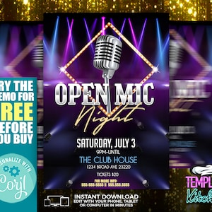 May include: Purple and gold flyer with a microphone and spotlights. The text reads "Open Mic Night" with the date and time of the event. The flyer also includes the name and address of the venue, ticket price, and contact information. The text "Try the demo for free before you buy" is in a yellow box on the left side of the flyer. The text "Personalize with Coril" is in a circle with gears on the left side of the flyer. The text "Template Kitchen" is in a pink box on the right side of the flyer.