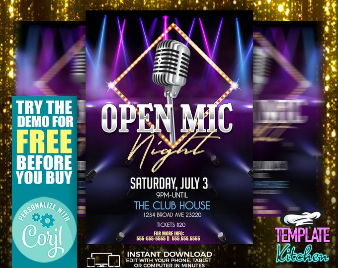 Open Mic Night | Edit Online | 5X7 Digital & Printable | Do It Yourself | Corjl Template