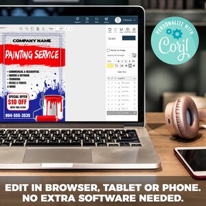 May include: A flyer for a painting service with the company name, "COMPANY NAME PAINTING SERVICE". The flyer has a red and blue paint splatter design and includes a special offer of $10 off with this flyer. The phone number is 804-555-3535.