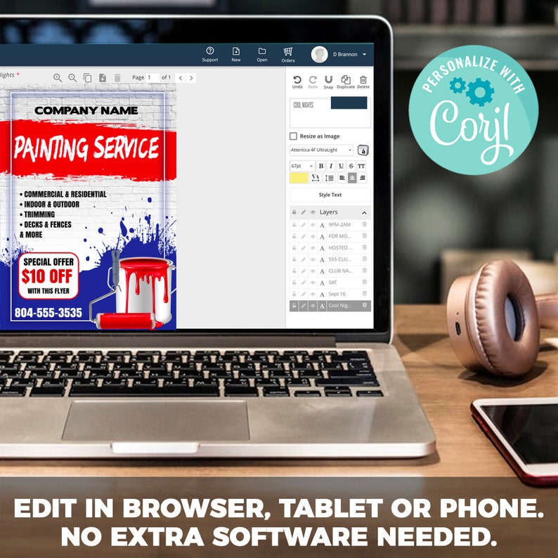 May include: A flyer for a painting service with the company name, "COMPANY NAME PAINTING SERVICE". The flyer has a red and blue paint splatter design and includes a special offer of $10 off with this flyer. The phone number is 804-555-3535.