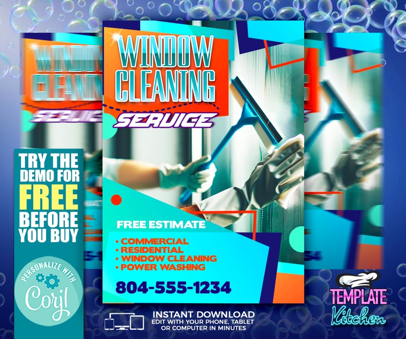 May include: A blue and orange flyer with the text "Window Cleaning Service" and a photo of a person cleaning a window. The flyer also includes the phone number 804-555-1234 and the text "Free Estimate".