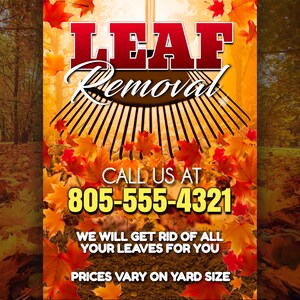 May include: A flyer advertising leaf removal services. The flyer features a rake with autumn leaves and the text "LEAF Removal", "CALL US AT 805-555-4321", "WE WILL GET RID OF ALL YOUR LEAVES FOR YOU", and "PRICES VARY ON YARD SIZE".