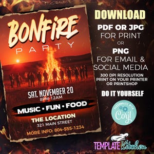 K&ouml;nnte beinhalten: Bonfire Party Flyer mit Sonnenuntergangshintergrund und gro&szlig;em Lagerfeuer. Der Flyer enth&auml;lt den Text "Bonfire Party", Datum, Uhrzeit und Ort. Au&szlig;erdem sind "Musik, Spa&szlig;, Essen" aufgef&uuml;hrt. Download-Optionen sind PDF oder JPG zum Drucken oder PNG f&uuml;r E-Mail und soziale Medien.