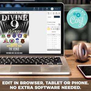 Pode incluir: Um laptop exibe um flyer para o evento "Divine 9 Mixer", com detalhes do evento e logotipos. O texto "EDIT IN BROWSER, TABLET OR PHONE. NO EXTRA SOFTWARE NEEDED" est&aacute; na parte inferior. Fones de ouvido e um smartphone est&atilde;o na mesa.