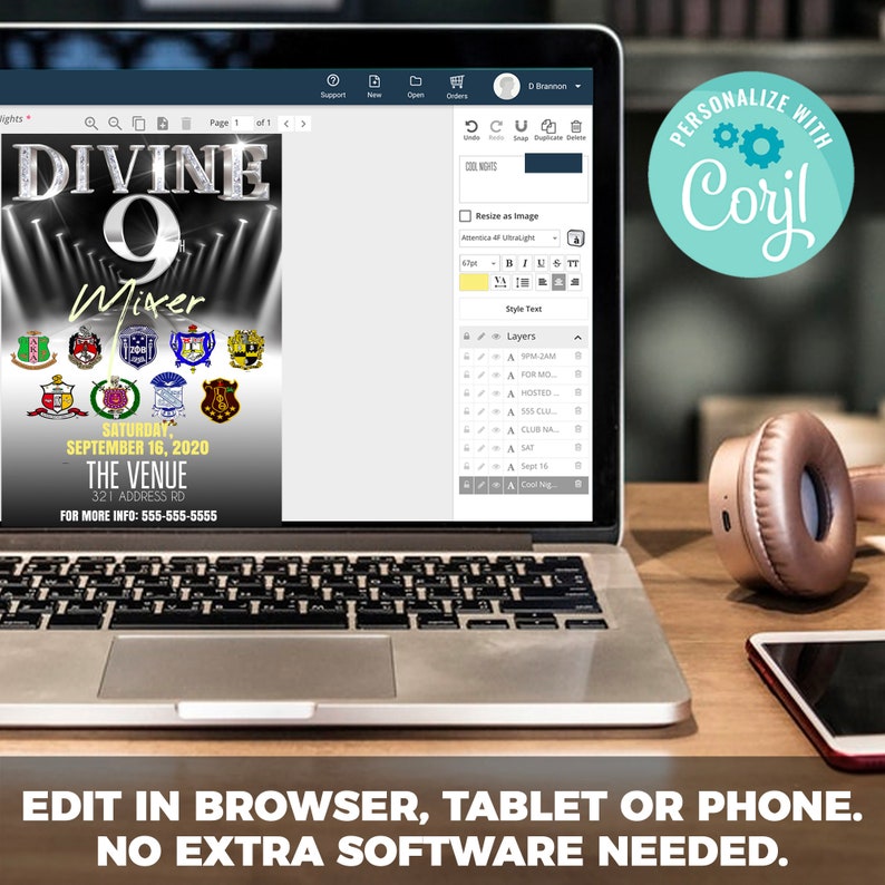 Pode incluir: Um laptop exibe um flyer para o evento "Divine 9 Mixer", com detalhes do evento e logotipos. O texto "EDIT IN BROWSER, TABLET OR PHONE. NO EXTRA SOFTWARE NEEDED" est&aacute; na parte inferior. Fones de ouvido e um smartphone est&atilde;o na mesa.