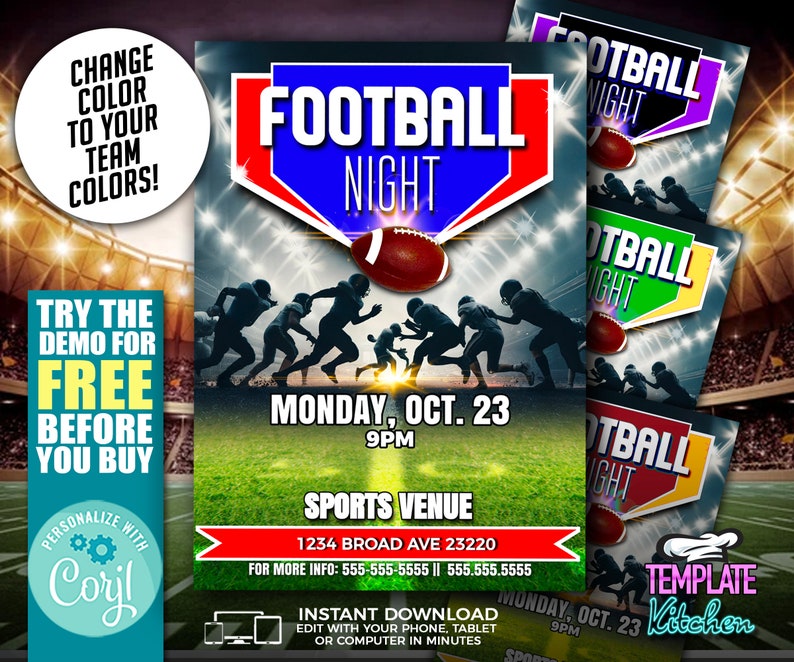 May include: A printable template for a football night party invitation. The template features a football graphic, the text "Football Night", and the date and time of the event. The template is customizable with different colors and text.