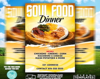 Puede incluir: Un folleto amarillo y naranja con el texto "Soul Food Dinner" en negro. El folleto anuncia un menú de pollo, verduras, maíz, macarrones con queso, puré de patatas y mucho más. El folleto también incluye un número de teléfono y una dirección.