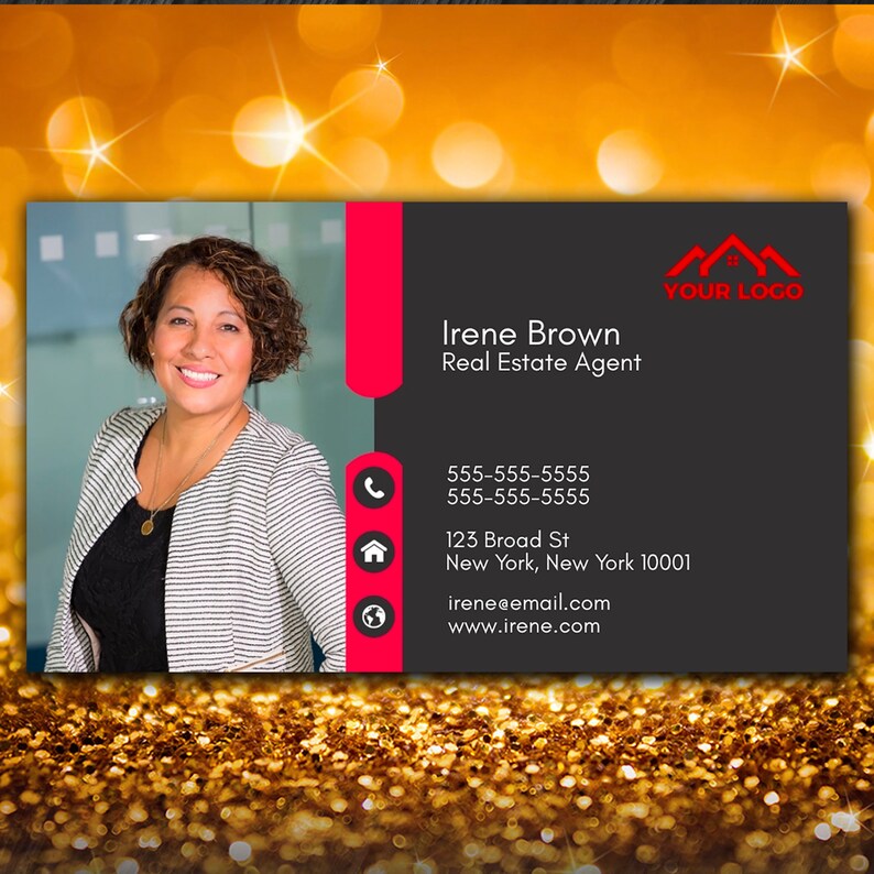 Puede incluir: Una tarjeta de visita negra y roja con una foto de una mujer. El texto en la tarjeta dice "Irene Brown, Agente Inmobiliario, YOUR LOGO, 555-555-5555, 555-555-5555, 123 Broad St, Nueva York, Nueva York 10001, irene@email.com, www.irene.com".
