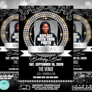 May include: Black and white birthday party invitation with a diamond-shaped frame and a photo placeholder. The text reads "Brenda's Birthday Bash, Sat. September 16, 2020, The Venue, 321 Address Rd, For More Info: 555-555-5555".