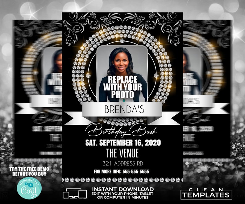 Diamond Birthday Bash | Edit Online | 5X7 Digital & Printable | Do It Yourself | Corjl Template image 1