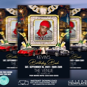 May include: A digital invitation template for a birthday bash. The design features a photo frame, luxury cars, champagne, and fireworks against a dark blue background. Text includes "Kevin's Birthday Bash" and event details. The template is for instant download.