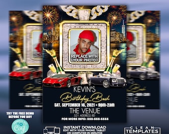 Op de afbeelding: Een digitale uitnodigingssjabloon voor een verjaardagsfeest. Het ontwerp toont een fotolijst, luxe auto's, champagne en vuurwerk tegen een donkerblauwe achtergrond. Tekst bevat "Kevin's Birthday Bash" en evenementdetails. Direct downloaden.