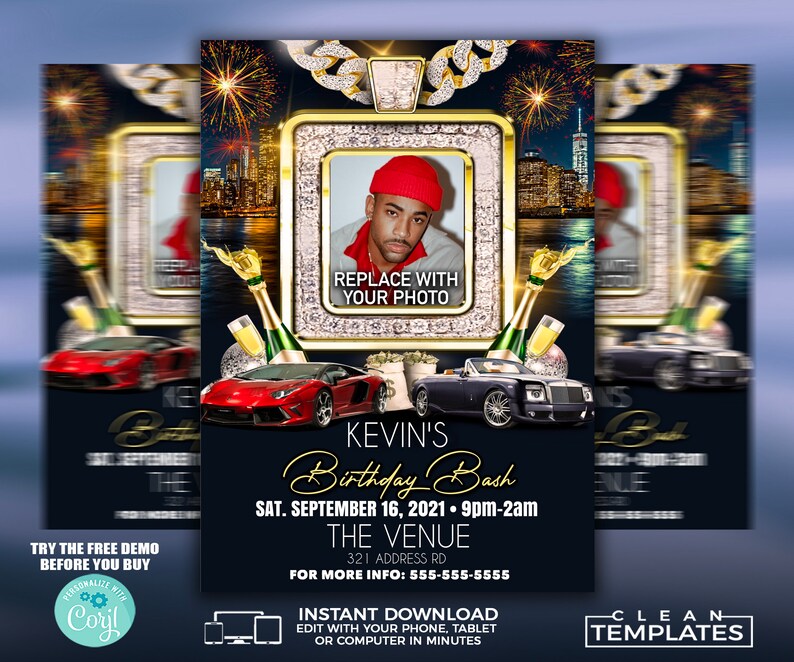 May include: A digital invitation template for a birthday bash. The design features a photo frame, luxury cars, champagne, and fireworks against a dark blue background. Text includes "Kevin's Birthday Bash" and event details. The template is for instant download.