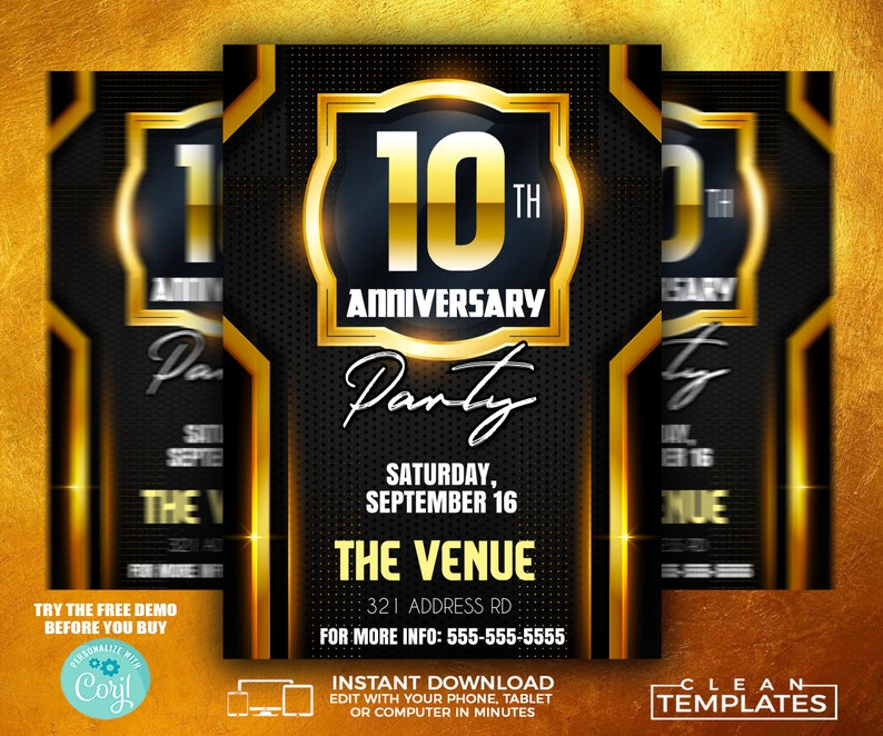 May include: A black and gold invitation template for a 10th anniversary party. The text reads "10th Anniversary Party" with the date "Saturday, September 16" and the venue "The Venue".