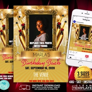 May include: Gold and red birthday party invitation with a photo placeholder, text that says "Marla's Birthday Bash", and the date "Sat. September 16, 2020".