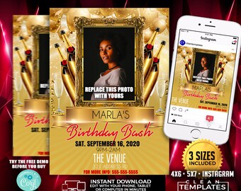 Gold Birthday Party Flyer Template: Customizable Photo (Digital Download)
