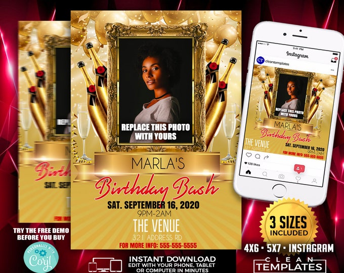 Gold Birthday Bash | 3 Sizes Included | 4x6 +  5X7 + Instagram Post | Digital & Printable | Do It Yourself | Corjl Template