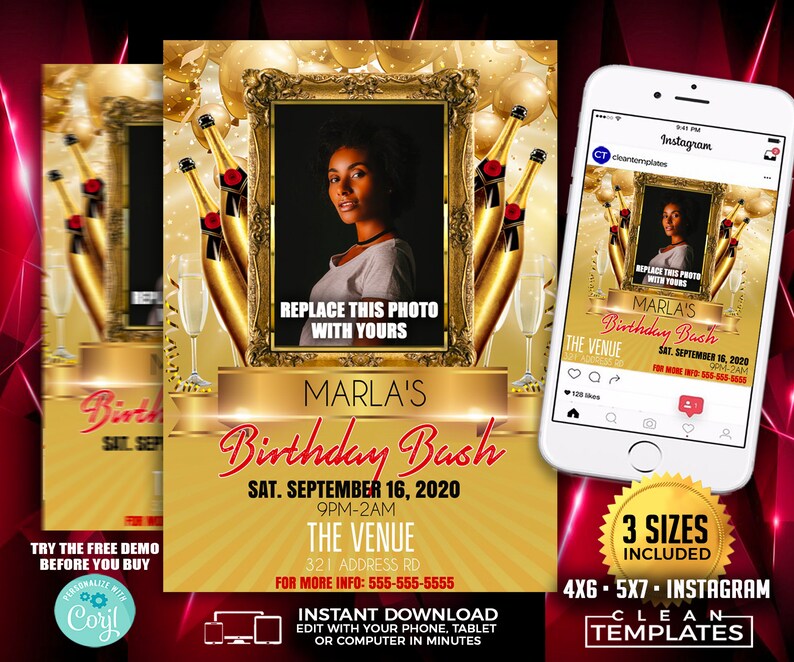 May include: Gold and red birthday party invitation with a photo placeholder, text that says "Marla's Birthday Bash", and the date "Sat. September 16, 2020".
