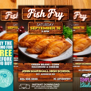 May include: A flyer for a fish fry event at John Marshall High School on September 16th from 3-6 PM. The flyer features a picture of fried fish, green beans, corn, macaroni and cheese, and the text "Fish Fry" in a wooden sign. The flyer also includes the text "Try the demo for free before you buy" and "Personalize with Coril".