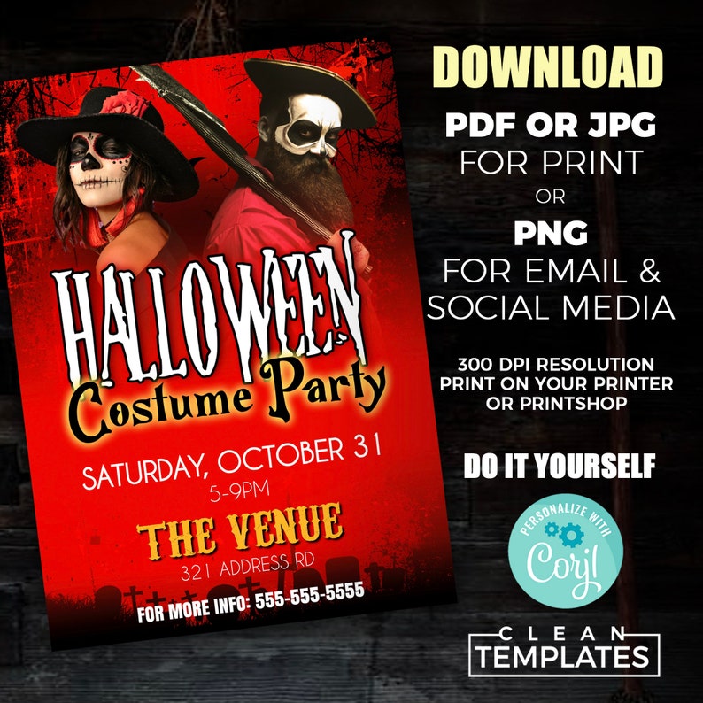K&ouml;nnte beinhalten: Eine druckbare Einladung zu einer Halloween-Kost&uuml;mparty mit rotem Hintergrund. Die Einladung zeigt eine Frau mit Totenkopfgesicht und einen Piratenmann vor einem Friedhof. Der Text lautet "Halloween Costume Party" mit Datum und Uhrzeit der Party. Die Einladung enth&auml;lt auch die Adresse des Veranstaltungsortes und Kontaktinformationen.