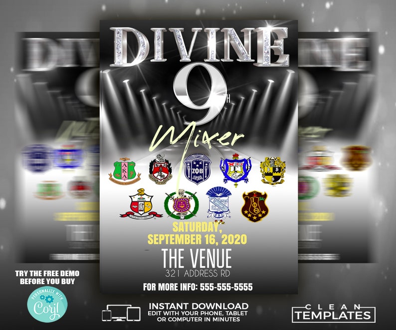 Pode incluir: Um folheto promocional para um evento Divine 9th Mixer, com um design preto e prateado. O texto "DIVINE 9th Mixer" &eacute; proeminente, juntamente com v&aacute;rios bras&otilde;es de organiza&ccedil;&otilde;es gregas. A data &eacute; 16 de setembro de 2020 e o endere&ccedil;o do local &eacute; fornecido.