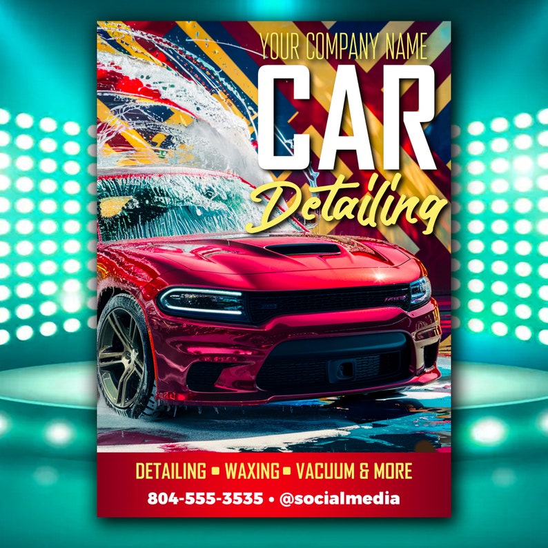 Op de afbeelding: Een rode auto wordt gewassen met een hogedrukreiniger. De auto is een modern model met een zwarte grille en koplampen. De tekst "CAR Detailing" staat in gele en witte letters op een rode en gele achtergrond. De tekst "YOUR COMPANY NAME" staat in witte letters op een gele achtergrond. De tekst "DETAILING - WAXING - VACUUM & MORE" staat in witte letters op een rode achtergrond. De tekst "804-555-3535 - @socialmedia" staat in witte letters op een rode achtergrond.