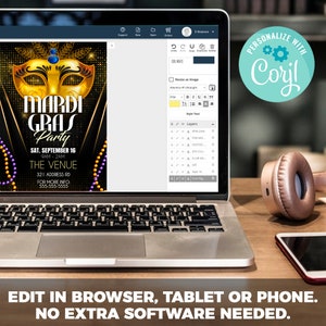 May include: A Mardi Gras party invitation with a gold mask, purple and gold beads, and the text "Mardi Gras Party" in black and gold lettering. The invitation includes the date, time, and location of the party. The text "PERSONALIZE WITH CORYL" is in a blue circle with a gear icon.