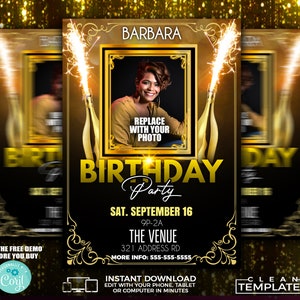 Può includere: Modello di invito per festa di compleanno in oro e nero con un segnaposto per una foto, testo che dice "Birthday Party", "Sat. September 16", "9p-2a", "The Venue", "321 Address Rd", "More Info: 555-555-5555", "Try the free demo before you buy", "Instant Download", "Edit with your phone, tablet or computer in minutes", and "Clean Templates".