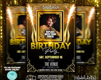 Op de afbeelding: Gouden en zwarte verjaardagsuitnodigingstemplate met een fotoplekhouder, tekst die zegt "Birthday Party", "Sat. September 16", "9p-2a", "The Venue", "321 Address Rd", "More Info: 555-555-5555", "Try the free demo before you buy", "Instant Download", "Edit with your phone, tablet or computer in minutes", and "Clean Templates".