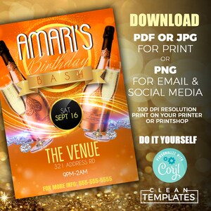 May include: A gold and orange birthday party invitation with a champagne bottle graphic and the text "Amari's Birthday Bash" and "Sat Sept 16".