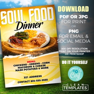 Pu&ograve; includere: Un volantino stampabile giallo e rosso per una cena di soul food. Il volantino presenta una foto di un piatto di cibo con pollo fritto, verdure, maccheroni al formaggio e pur&egrave; di patate. Il volantino include il testo "Soul Food Dinner", "Menu: Polli, Verdure, Mais, Maccheroni e Formaggio, Pur&egrave; di Patate e altro", "321 Indirizzo", "Contatto 804-555-5555", "Scarica PDF o JPG per la stampa o PNG per e-mail e social media", "Risoluzione 300 DPI Stampa sulla tua stampante o Printshop", "Fai da te", "Personalizza con Coril", e "Modelli puliti".