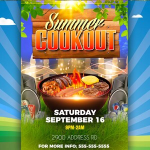 Puede incluir: Un folleto colorido para una barbacoa de verano con un letrero de madera que dice "Summer Cookout". El folleto incluye una parrilla con hot dogs, hamburguesas y ma&iacute;z en la mazorca. El folleto tambi&eacute;n incluye la fecha y la hora del evento, "S&aacute;bado 16 de septiembre, 9PM-2AM", y la direcci&oacute;n, "2900 Address Rd". El folleto tambi&eacute;n incluye el n&uacute;mero de tel&eacute;fono para m&aacute;s informaci&oacute;n, "555-555-5555".