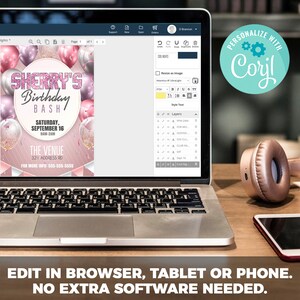 May include: A digital invitation for a birthday party with a pink and white balloon theme. The invitation says "Sherry's Birthday Bash" and includes the date, time, and location of the party. The invitation is being edited on a computer screen using the Corjl website.